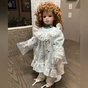 Vintage Katrina Porcelain Doll with Curly Hair in White Dress with Box